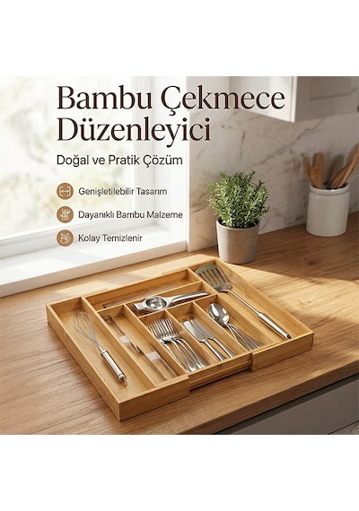 Bambu Ayarlanabilir Büyük Boy Çekmece Içi Ölçü Ayarlı Kaşıklık 6-8 Bölmeli, Organizer