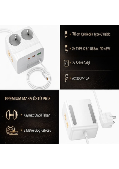 45w Pd Hızlı Şarjlı 2 Li Akım Korumalı Priz 2x Type-c + Usb-a 2500w Çoklu Şarj İstasyonu 1
