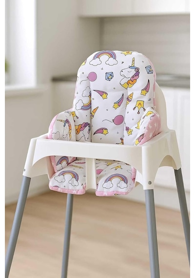 Bebek Özel%100 Pamuklu Mama Sandalyesi Minderi, Unicorn Yıldızlı, Pembe Beyaz, Çift Taraflı