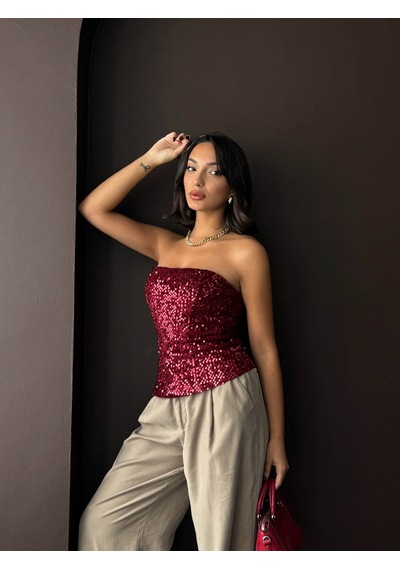 Verymoda Arkadan Fermuarlı Straplez Payet Bluz F2056 Bordo