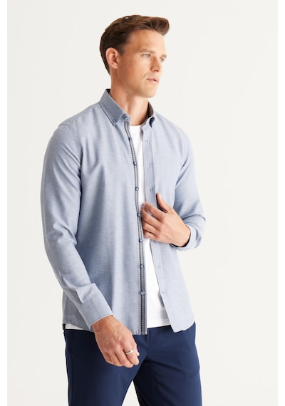 AC&Co / Altınyıldız Classics Erkek Indıgo Slim Fit Dar Kesim Düğmeli Yaka Pamuklu Armürlü Gömlek İndigo