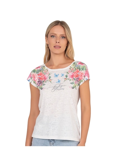 Kadın Floral Desenli Yazı Detaylı Bluz Ekru 25792 Ekru
