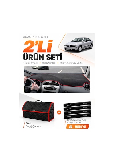 Seat Toledo 2005-2013 Uyumlu Torpido Örtüsü + Deri Bagaj Çantası + Sticker Seti - Siyah Kırmızı