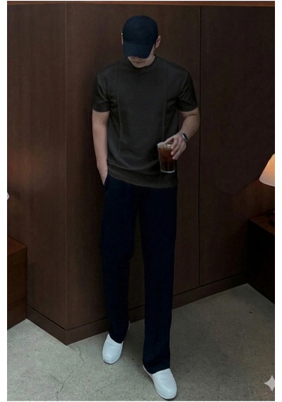 Erkek Çizgi Detaylı Slim Fit Tişört Bisiklet Yaka Casual Pamuklu T-shirt Siyah