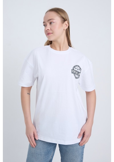 Kadın Oversize Baskılı T-shirt Beyaz Vintage Logo Beyaz