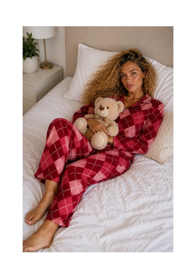 Fit Women Kadın Örme Gömlek Yaka Kırmızı Pijama Takımı