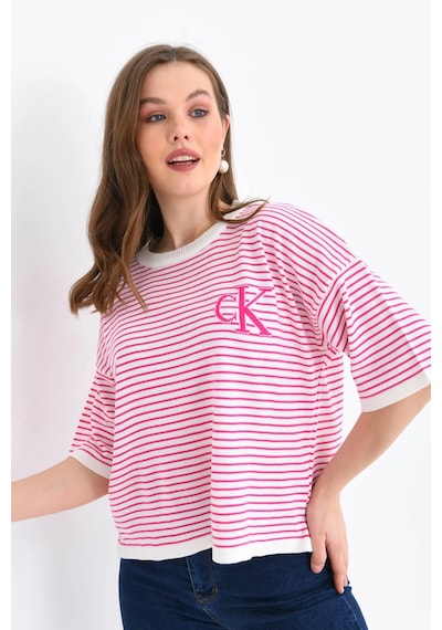 Park Karon Kadın Bisiklet Yaka Çizgili Oversize Triko Kazak 10160 Fuşya
