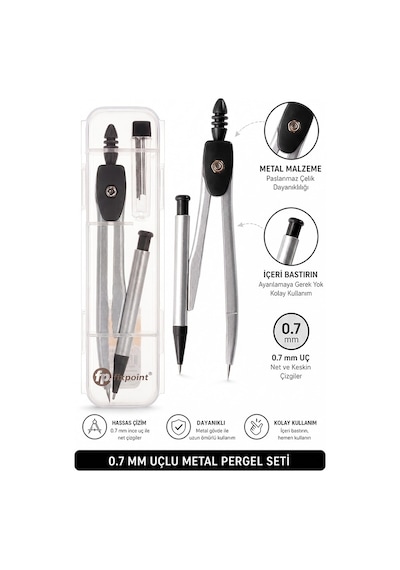 0.7 Uçlu Metal Pergel Siyah 1 Adet Fixpoint Kutulu Metal Pergel Versatil Uçlu Mekanik Kalem Basmalı Uçlu Pergel
