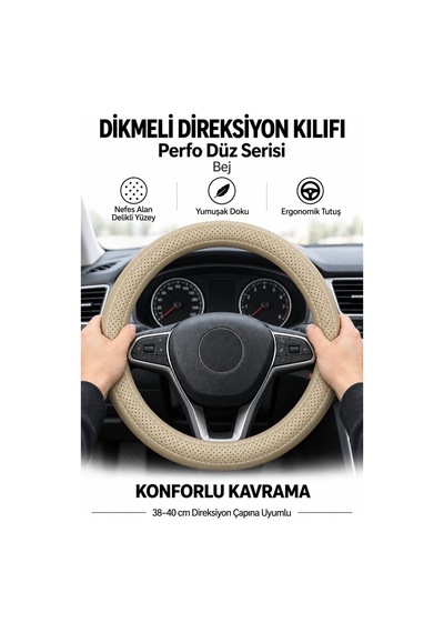 Trobus Mitsubishi L200 2015-2023 Uyumlu Dikmeli Direksiyon Kılıfı Perfo Düz Delikli Deri Bej