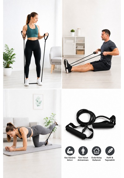 Tutamaçlı Direnç Bandı Siyah Fitness Pilates Egzersiz Lastiği Tüm Vücut Antrenman Bandı Siyah Siyah