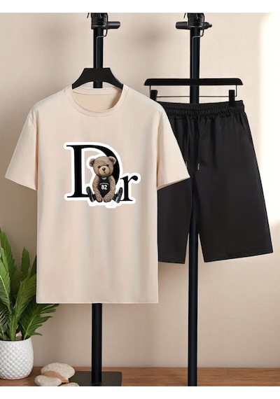 Uyguntarz Unisex Dr. Ayı Tasarım Basklı Tshirt Şort Takımı Bej