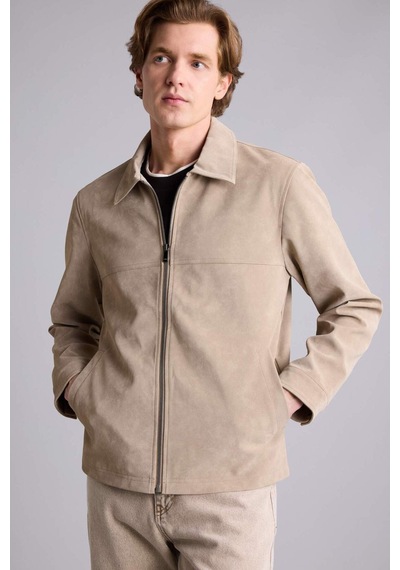 Defacto Slim Fit Gömlek Yaka Fermuarlı Süet Görünümlü Suni Deri Mont H2231ax26aubg773 Bej-bg773