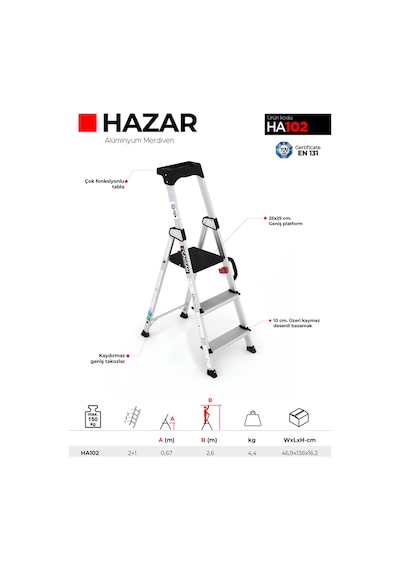 Çağsan HA102 2+1 Basamaklı Hazar Alüminyum Merdiven