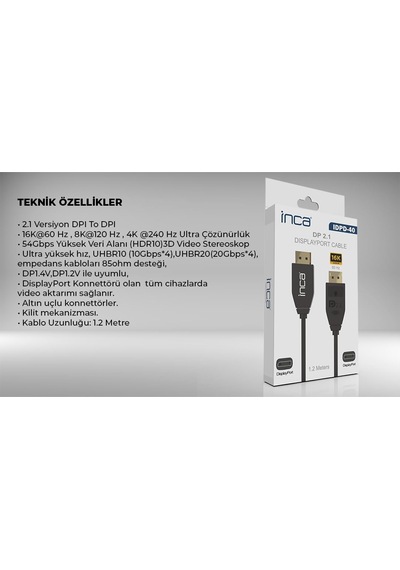 Tr İnca Idpd-40 Displayport To Displayport 2.1 16k 60hz 15360x8460 8k 120hz 4k 240hz 54 Gbps Kablo-1.2m Diğer