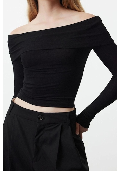 Ersefa Stil Kadın Kısa Esnek Bluz Crop Örme Slim Kalıp Siyah