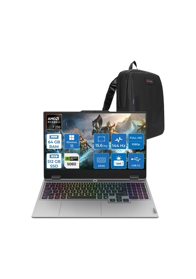 Lenovo LOQ 15AHP10 83JG008UTRH17 Ryzen 7 250 64 GB 512 GB SSD 8 GB RTX5060 15.6" W11H Dizüstü Bilgisayar + Çanta