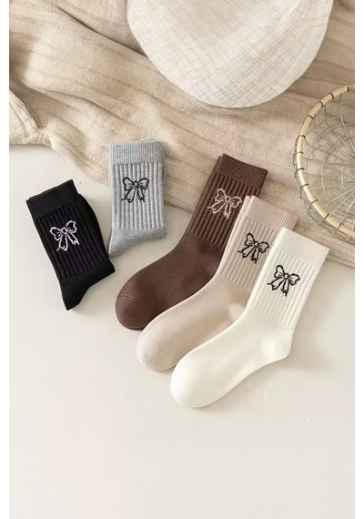 Hitit Socks Kadın 5 Çift Premium Kalite Kurdele Desenli Günlük Kullanıma Uygun Kolej Çorap Çok Renkli