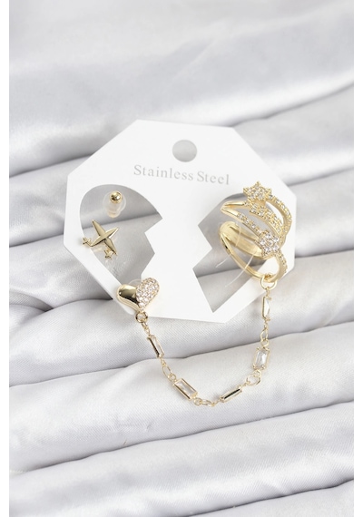 Mey İthalat Kalp Yıldız Model Pirinç Gold Renk Zincir Bağlantılı Ear Cuff Küpe Seti Diğer