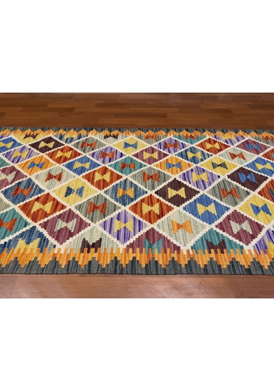 El Dokuma Afgan Kilim 100% Yün Harıka Desenlı Yolluk Çok Renkli