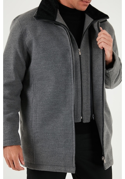 Buratti Slim Fit Çıkarılabilir Tüylü Yaka Detaylı Astarlı Kaşe Erkek Kaban 58400217 Açık Gri