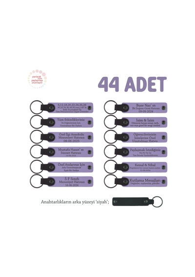 Reklam Ajanslarına Uygun Hediyelik, 44'lü Set, Marka Yazılı Deri Anahtarlık, Mor Menekşe & Siyah