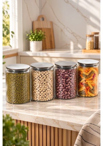 Porsima S-2087 4'lü Çizgili Cam Kavanoz Seti 1500 Ml Metal Vakum Kapaklı Mutfak Kiler Erzak Ve Bakliyat Saklama Kabı Cam - Şeffaf
