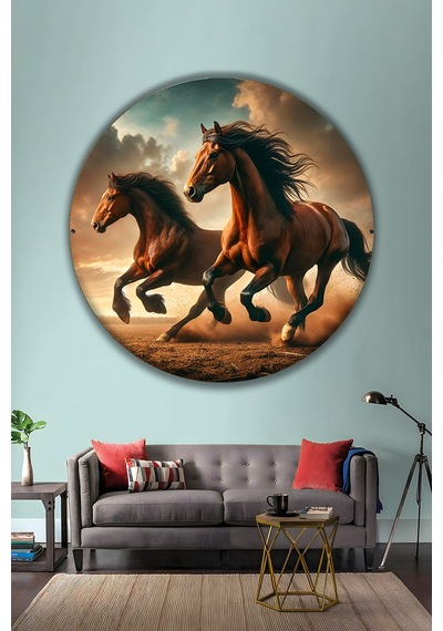 Koşan Asil Atlar Temalı Yuvarlak Dekoratif Duvar Tablosu Modern Salon Ve Ofis Dekoratif Cam Tablo Hayvan Figürlü Dekoratif Duvar Tablosu, Salon, Ofis Ve Çalışma Alanı Dekoru, 80x80 Cm