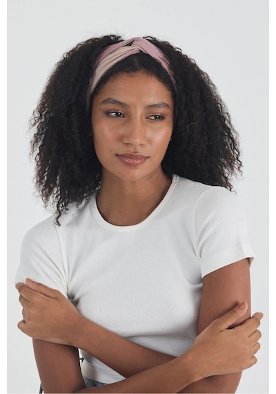 Butikgiz Beyaz Kısa Kol Bisiklet Yaka Vücuda Oturan Kaşkorse Crop + Bandana Set %100 Pamumklu, Esnek Rahat Beyaz-gül Kurusu-bej