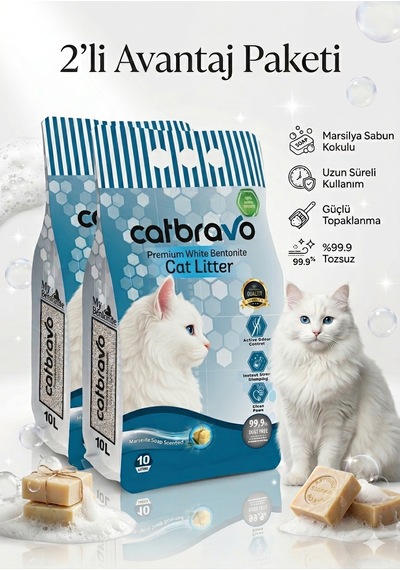 Catbravo Doğal Bentonite- Süper Topaklanan Marsilya Sabun Kokulu Kedi Kumu 10 Lt X 2 Adet