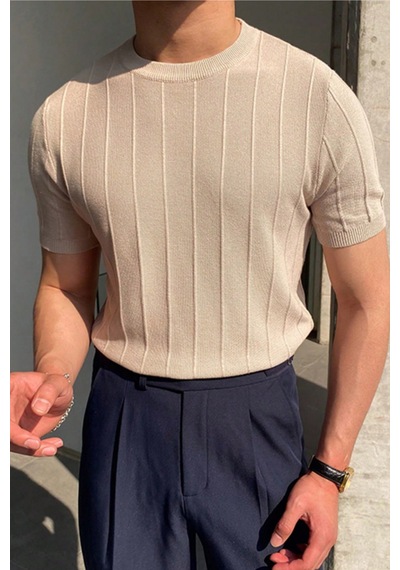 Cool Tarz Vizon Erkek Yuvarlak Yaka Örme T-shirt Vizon Vizon