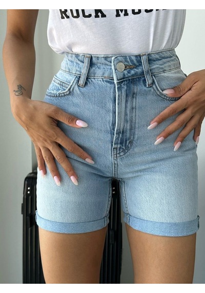 HerTon Yüksek Bel Kıvrık Paça Denim Bermuda Pamuklu Kot Şort