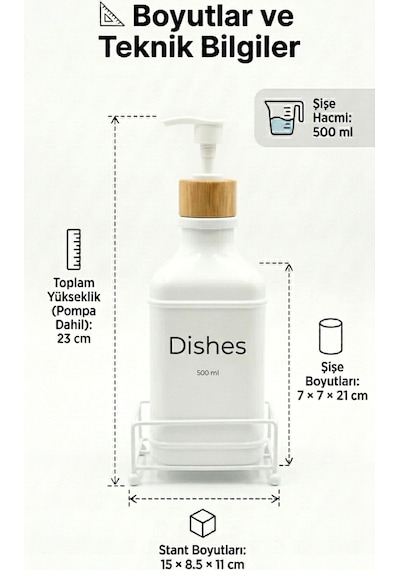 Makri Home Metal Stantlı Bambu Kapaklı Cam Sıvı Sabunluk/deterjanlık, 500 Ml, 15 8,5 23 Cm Beyaz