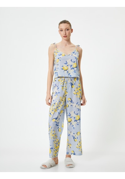 Koton Pijama Altı Beli Bağcıklı Fırfırlı Pamuklu Sarı Desenli 4slk50044mw Sarı