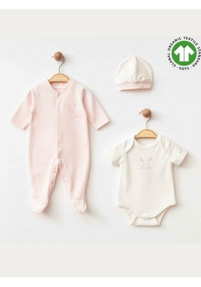 Zekids Kız Bebek Tulum Body Şapka Organik 3 Lü Set-15473 Pembe