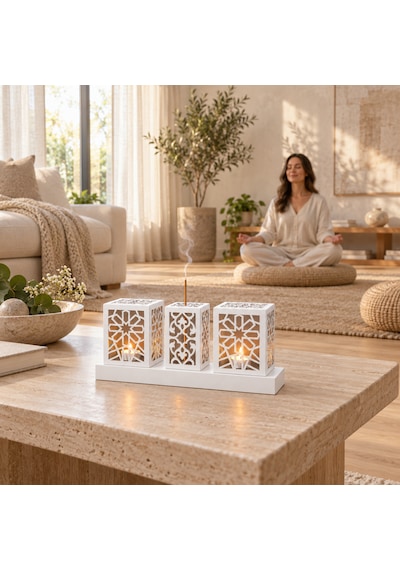 Lazer Kesim Metal Tealight Mumluk Ve Tütsülük Seti Geometrik Selçuklu Yıldızı Motifli Modern Ev Dekoru Benzersiz Masa Süsü Ve Hediye Beyaz
