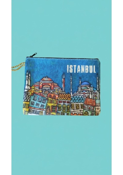 Kadife İstanbul Temalı El Çantası 21 16 Cm Gri