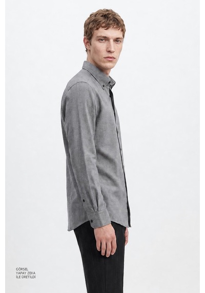 Altınyıldız Classıcs Erkek Grı Pamuklu Slim Fit Dar Kesim Düğmeli Yaka Diagonal Desenli Flanel Gömlek Gri