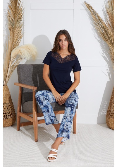 Sevim Kadın Dantelli Kısa Kol Lacivert Pijama Takım C1t5n551 001