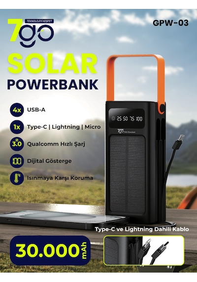 7go Gpw-03 30.000mah Solar Powerbank 4xusb-a, Qualcomm 3.0 Hızlı Şarj, Dahili Lightning & Usb-c Ka Siyah
