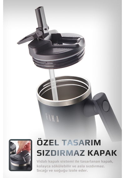 Fika Lumi Patentli Döner Kulplu Sızdırmaz Çelik Termos 1200 Ml - Bej Antrasit