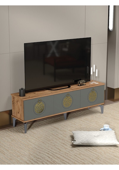Tv Sehpası Tv Ünitesi Atlantik Çam Antrasit Gold 160 Cm Saraylı 5060 Kahverengi
