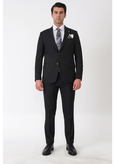 Efor Slim Fit Çift Yırtmaç Esnek Yünlü Düz Siyah Takım Elbise Tk 948