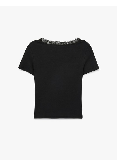 Koton Slim Fit Kısa Kollu V Yaka Dantel Detaylı Tişört Siyah 6sal10648ık Siyah