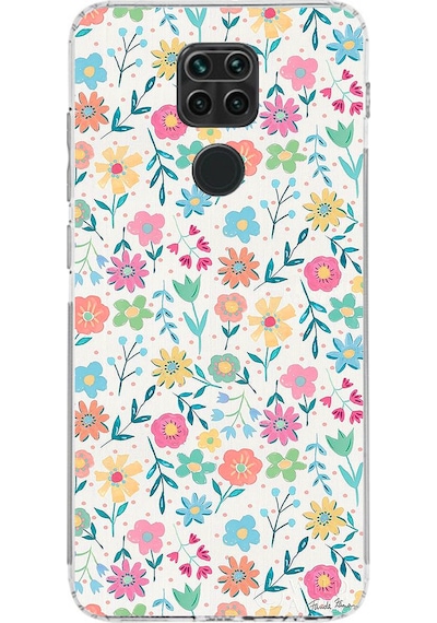 Redmi Note 9 Uyumlu Dekoratif Çiçekler Baskılı Silikon Kılıf Renkli