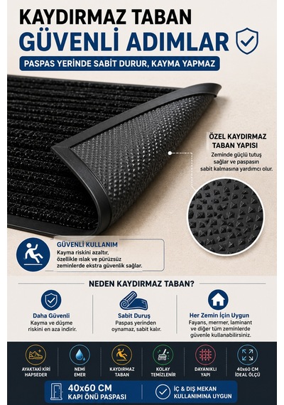 Siyah Dış Mekan 40 X 60 Cm Kapı Önü Paspas Kaydırmaz Taban Nem Alıcı Kir Tutucu Ev Giriş Paspası