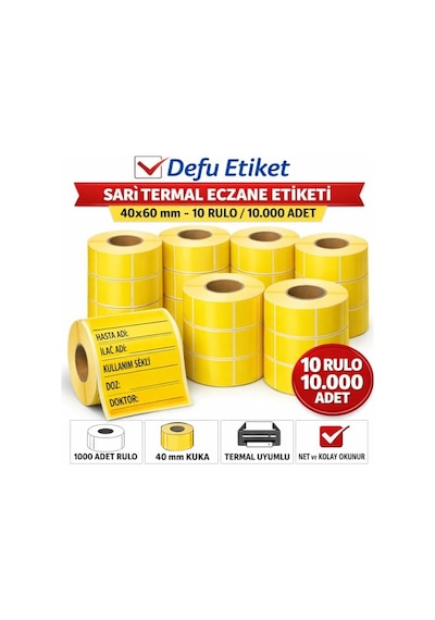 Defu Etiket Sarı Termal Eczane Etiketi, 40x60 Mm, 10 Rulo, 10.000 Adet, 40 Mm Kuka 1