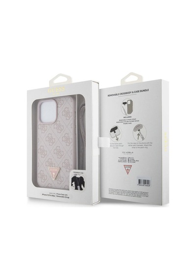Apple Uyumlu iPhone 15 Pro Max Kılıf Guess Lisanslı Pu Deri Askılı Taşlı Üçgen Logo 4g Strass Crossbody