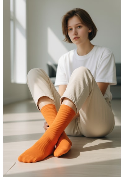 Socks Stores 6 Çift Unisex Renkli Pamuklu Soket Çorap - Renkli Tenis Boy Çorap Turuncu