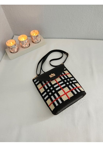 Burberry Desen, Kanvas İşleme, Handmade Renkli, Kadın Mini Çanta Siyah