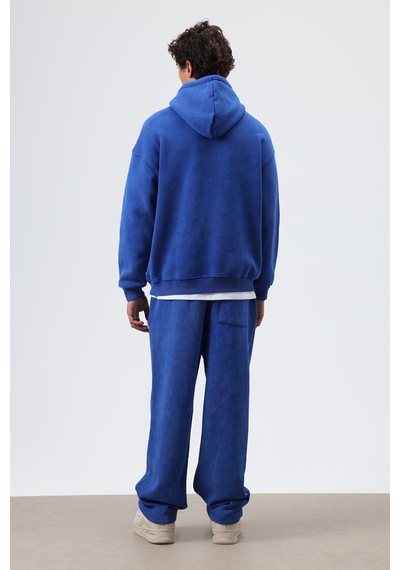 Vamos Basic Oversize Yıkamalı Hoodie Saks Mavi